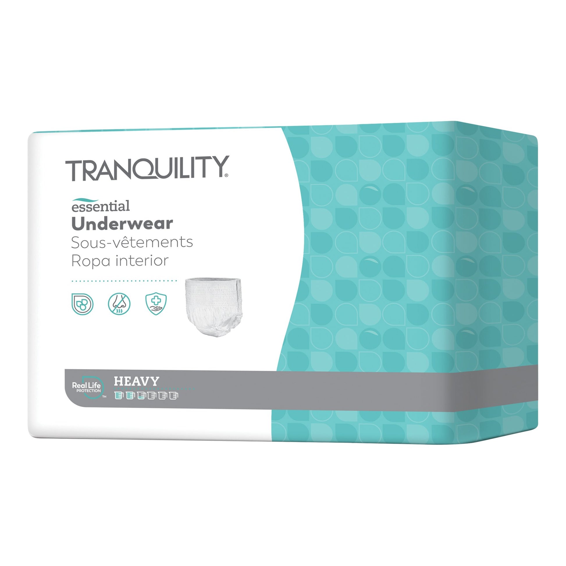 Tranquility Essential Underwear extra-small for heavy incontinence, showing product features including Kufguards® leakage protection, odor reduction, and skin health protection. Image includes illustrations of the pull-up style underwear and multilingual product details.