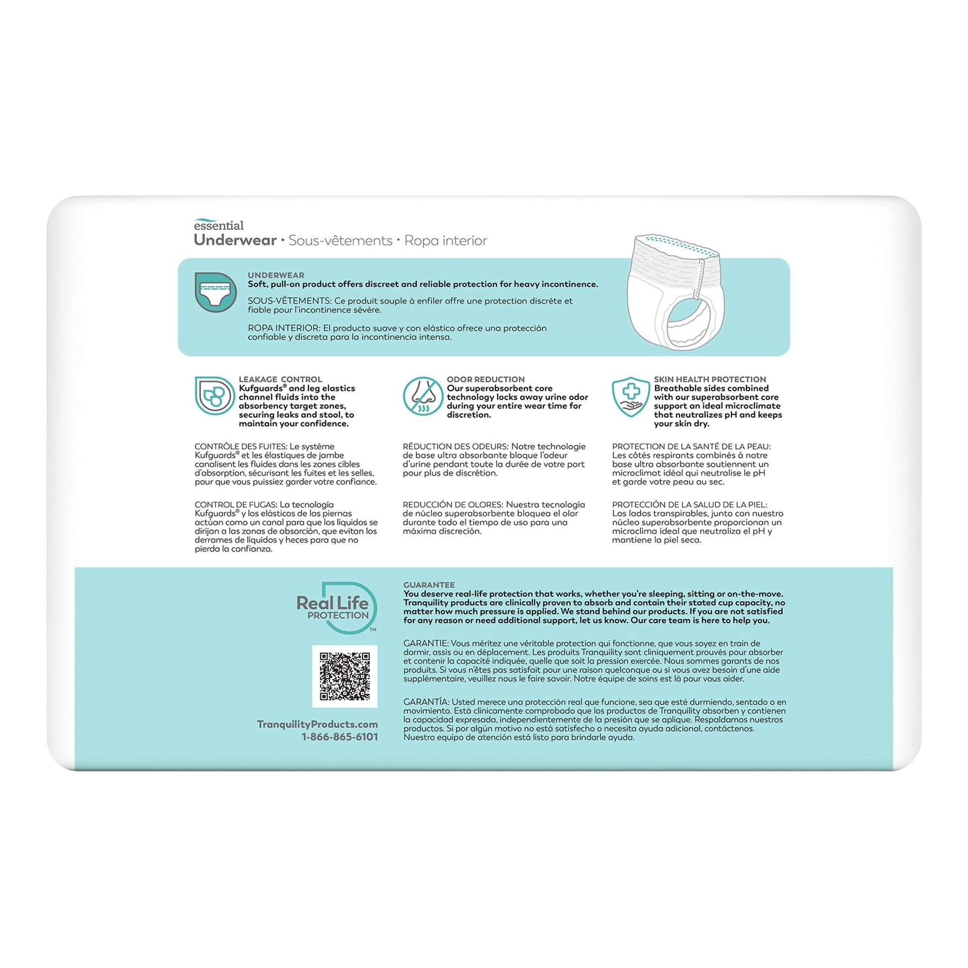 Back packaging view of Tranquility Essential Underwear for heavy incontinence, showing product features including Kufguards® leakage protection, odor reduction, and skin health protection. Image includes illustrations of the pull-up style underwear and multilingual product details.