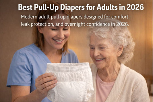 Family caregiver showing a senior modern adult pull-up diapers for everyday and overnight use