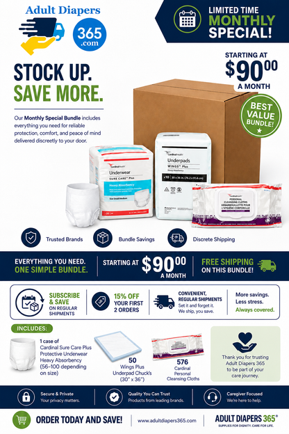 Cardinal Underwear Monthly Bulk Bundle - Pull Ups, Bed Pads, Wipes