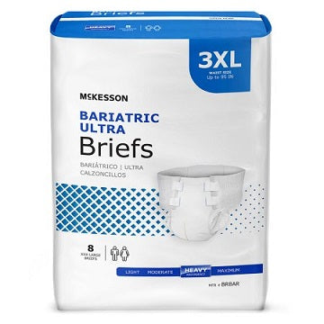 Packaging for McKesson Ultra Bariatric Briefs showing the product as a heavy absorbent brief and indicating the size is 3XLarge with 8 per pack.