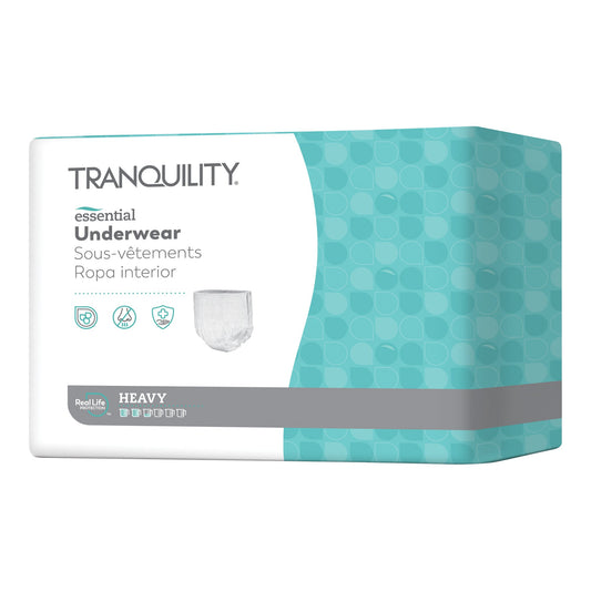 Tranquility Essential Underwear extra-small for heavy incontinence, showing product features including Kufguards® leakage protection, odor reduction, and skin health protection. Image includes illustrations of the pull-up style underwear and multilingual product details.