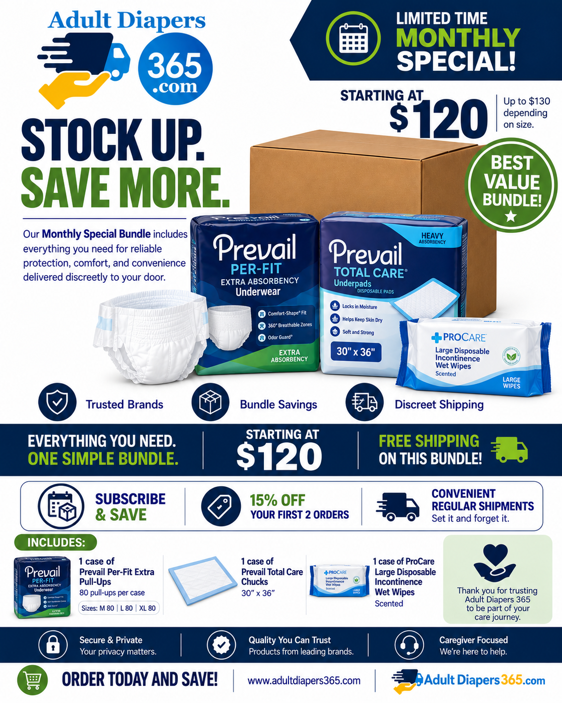 Prevail Underwear Monthly Bulk Bundle - Pull Ups, Bed Pads, Wipes