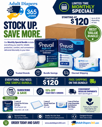 Prevail Underwear Monthly Bulk Bundle - Pull Ups, Bed Pads, Wipes