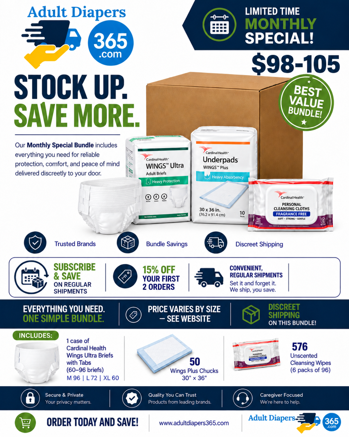Cardinal Brief Monthly Bulk Bundle- Briefs, Bed Pads, Wipes