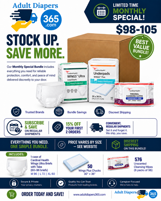 Cardinal Brief Monthly Bulk Bundle- Briefs, Bed Pads, Wipes