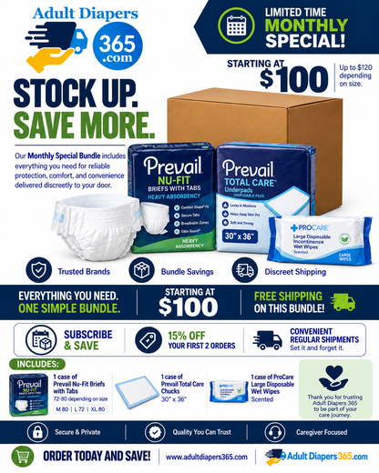 Prevail Brief Monthly Bulk Bundle - Pull Ups, Bed Pads, Wipes