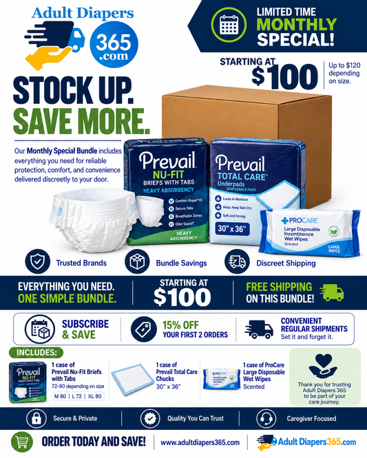 Prevail Brief Monthly Bulk Bundle - Pull Ups, Bed Pads, Wipes