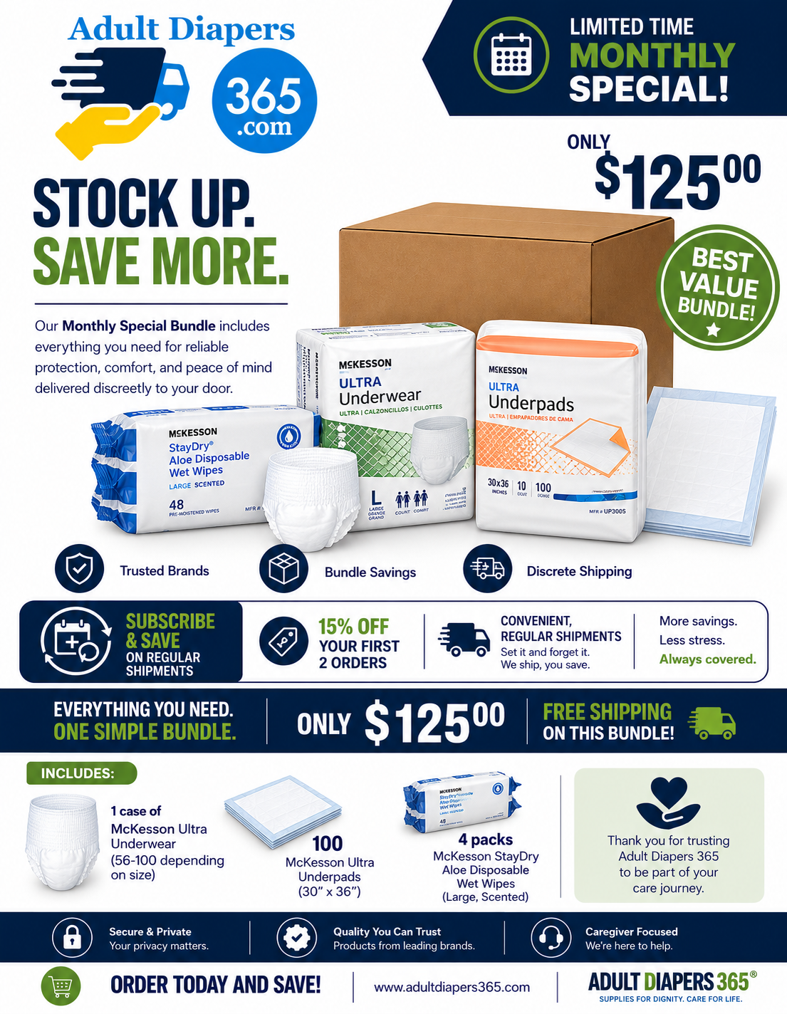 McKesson Underwear Monthly Bulk Bundle - Pull Ups, Bed Pads, Wipes