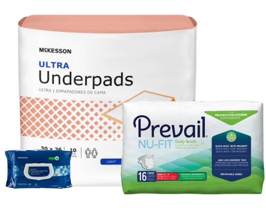 Economy Incontinence Sample Pack | Prevail Nu-Fit Briefs, McKesson Bed Pads & Wipes | Try Before You Commit