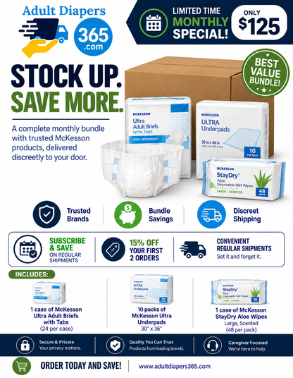 McKesson Brief Monthly Bulk Bundle - Briefs, Bed Pads, Wipes