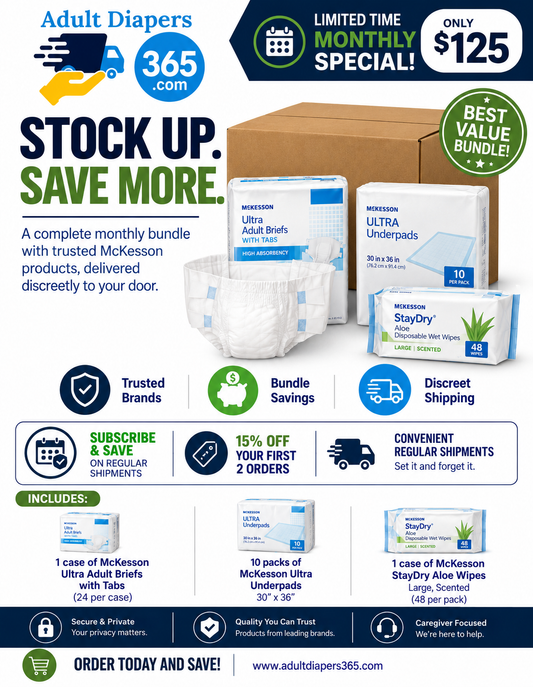 McKesson Brief Monthly Bulk Bundle - Briefs, Bed Pads, Wipes
