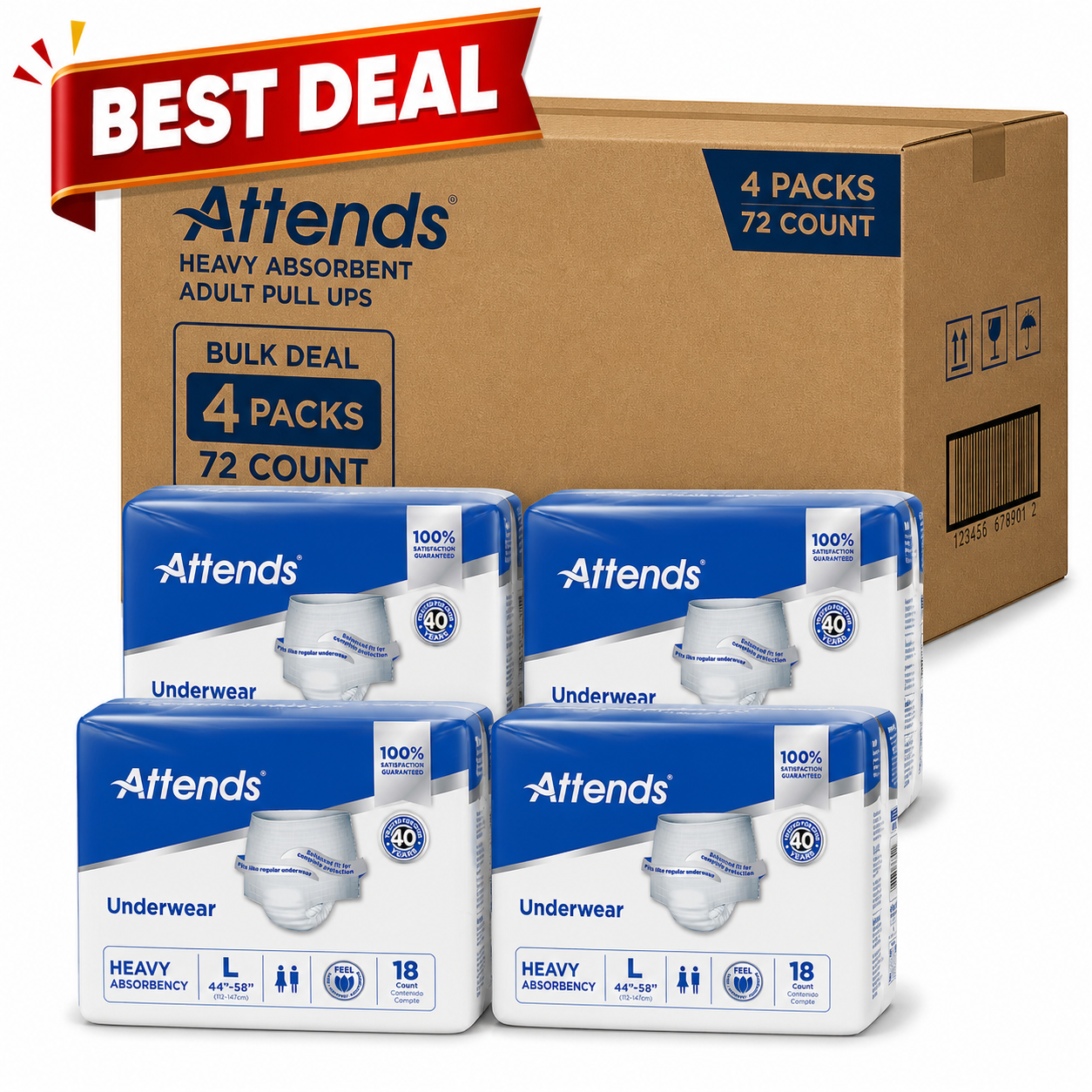Attends Underwear Pull Up Diapers, Heavy Protection, Bulk Case