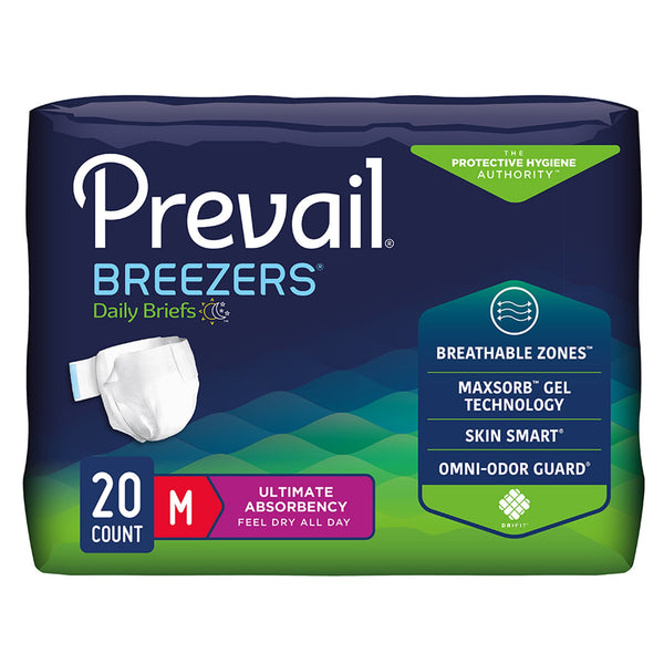 Prevail Breezers adult briefs with tabs, medium, 20 count package