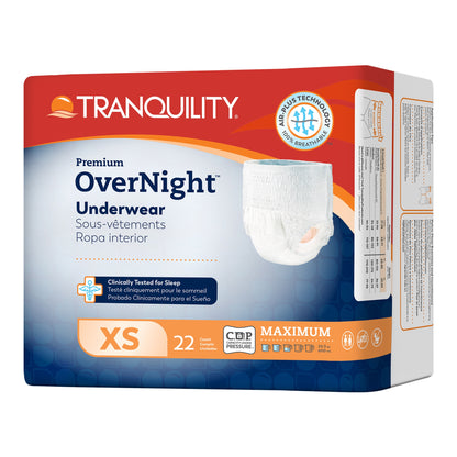 Tranquility Premium OverNight Underwear, size XS (extra small), designed for youth and teens. Air-Plus breathable technology and clinically tested protection for sleep, offering overnight absorbency.”